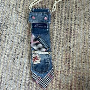Upcycled Ladies Necktie silk Necktie Necklace - DENIM/PINK
